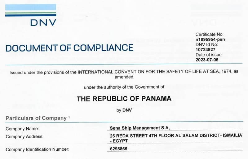 SENA Ship Management Document of Compliance issued by DNV