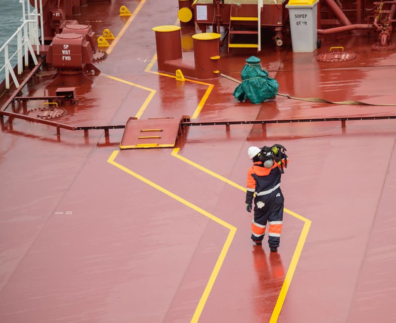 Crew member in safety gear walking the deck of a cargo vessel