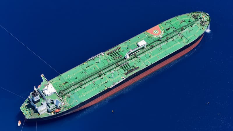 Aerial view of a tanker on deep blue open water