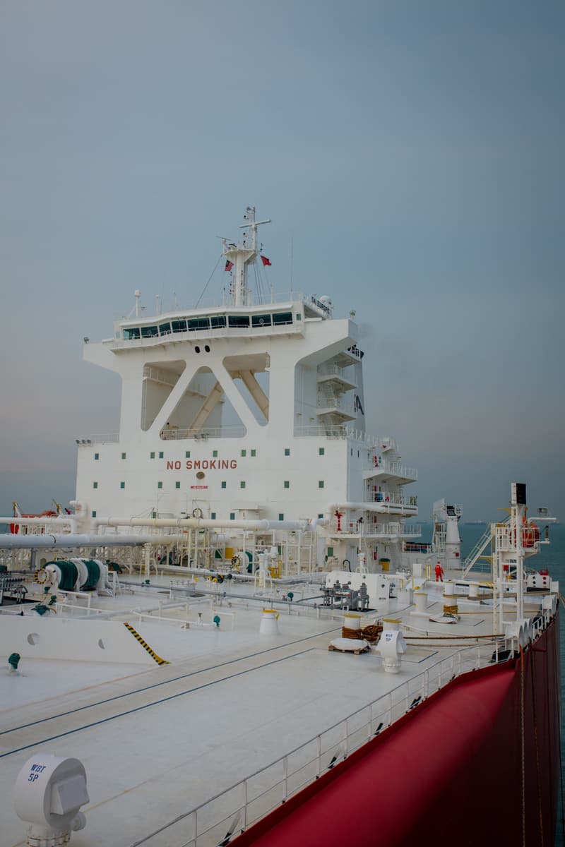 Tanker deck and accommodation block with safety signage